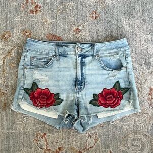 American Eagle Outfitters Blue Jean Shorts with Red Floral Embroidery